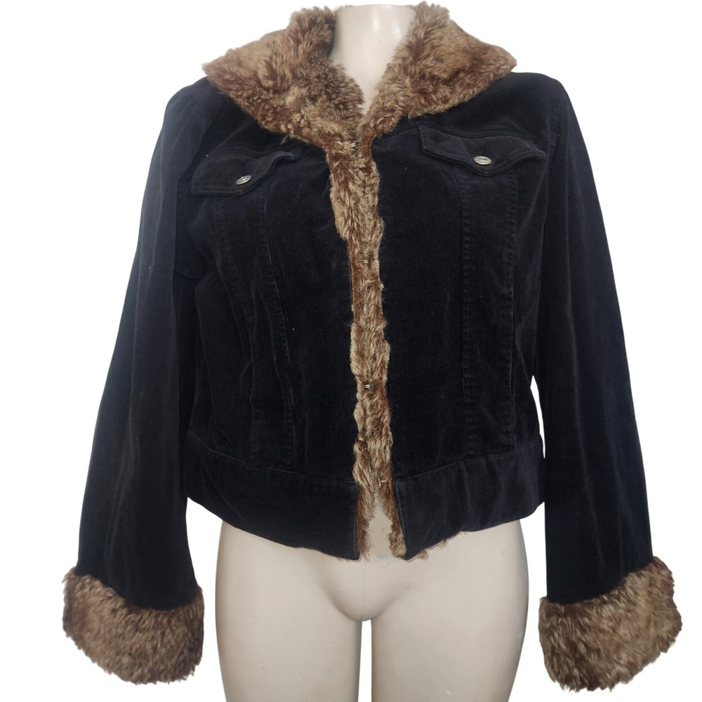 Monroe & Main Black Corduroy Faux Fur Trim Cropped Jacket M Black Y2K 90s retro